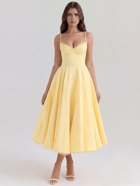 Sunshine Yellow Midi Fit-and-Flare Dress with Spaghetti Straps